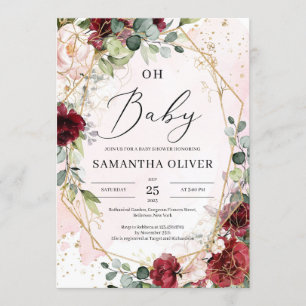 Lush burgundy floral gold geometric oh baby shower invitation