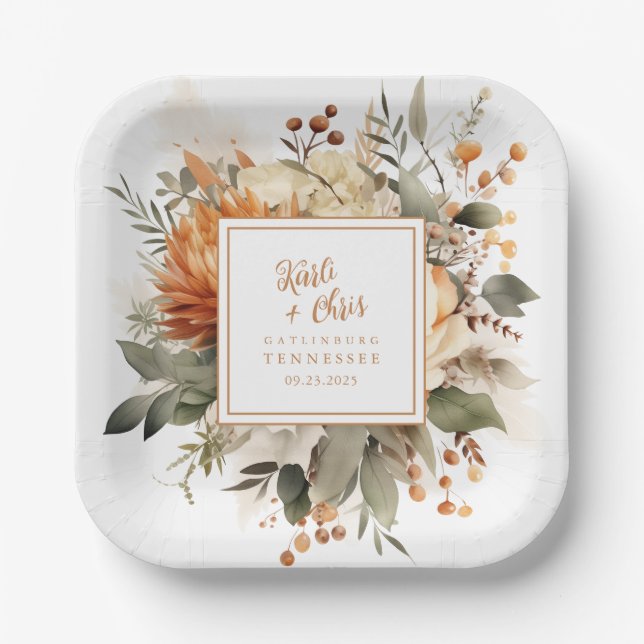 Lush Burnt Orange Fall Floral & Greenery Paper Plate (Front)