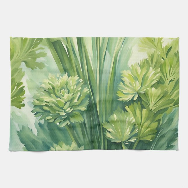 Lush Celery Green Botanical Pattern Tea Towel (Horizontal)