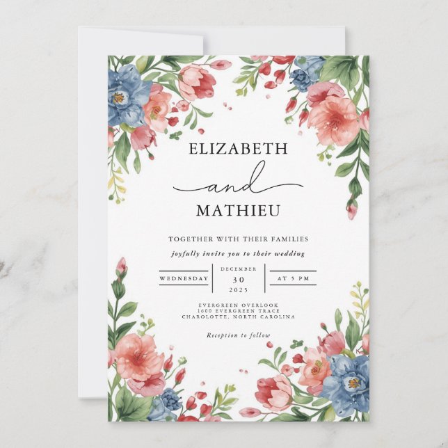 Lush Coral and Blue Floral Garden Wedding Invitation (Front)