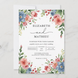 Lush Coral and Blue Floral Garden Wedding Invitation