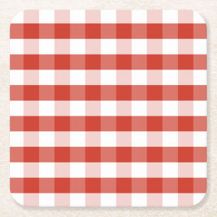 Lush Dahlia Red & White Gingham Check Plaid Square Paper Coaster