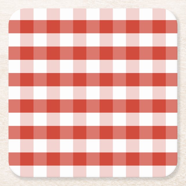 Lush Dahlia Red & White Gingham Check Plaid Square Paper Coaster (Front)