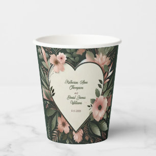 Lush Dark Green and Blush Pink Floral Wedding Paper Cups