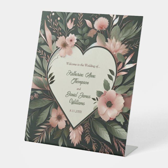 Lush Dark Green and Blush Pink Heart Wedding Pedestal Sign (Front)