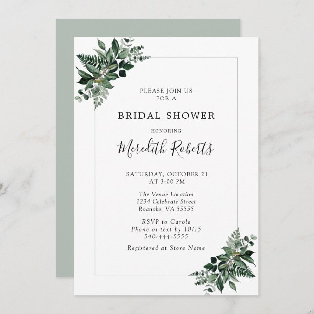 Lush Emerald Green Foliage Bridal Shower Invitation (Front/Back)