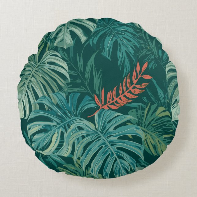 Lush Emerald Jungle Print Round Cushion (Front)