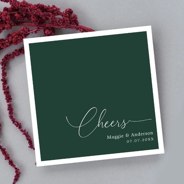 Lush Emerald Monoline Tail Script Cheers Wedding Napkin (Monogrammed Minimalism: Cheers to the Happy Couple Napkins)