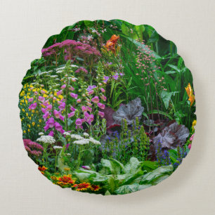 Lush English Cottage Garden Summer Flowers Photo Round Cushion
