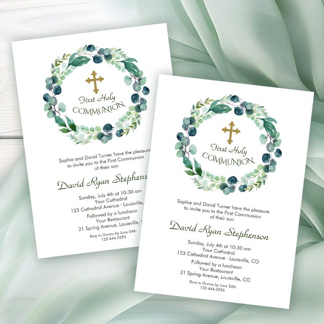 Lush Eucalyptus Foliage Gold Cross Holy Communion Invitation (Creator Uploaded)