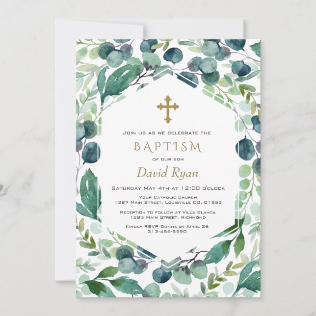 Lush Eucalyptus Frame Gold Cross Boy Baptism Invitation (Front)