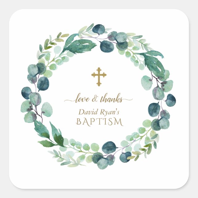 Lush Eucalyptus Greenery Wreath Gold Cross Baptism Square Sticker (Front)