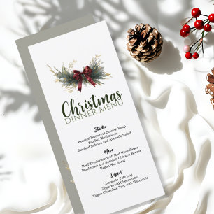 Lush Evergreen Red Ribbons Minimalist Christmas Menu