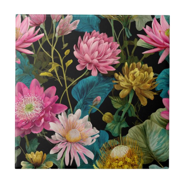 Lush Exotic Leaves BOHO Tropical Pattern Botanical Ceramic Tile (Front)