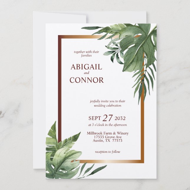 Lush Exotic Tropical Palm Leaves Bronze Frame  Invitation (Front)