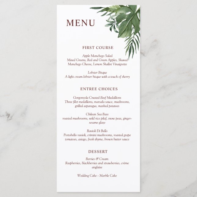 Lush Exotic Tropical Palm Leaves Menu (Front)