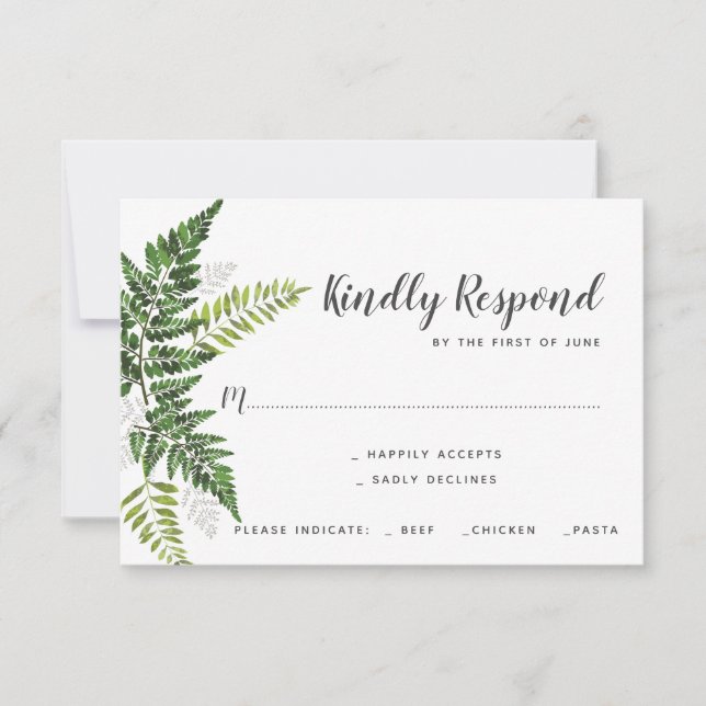 Lush Fern Wedding Suite Reply with Dinner Options RSVP Card (Front)