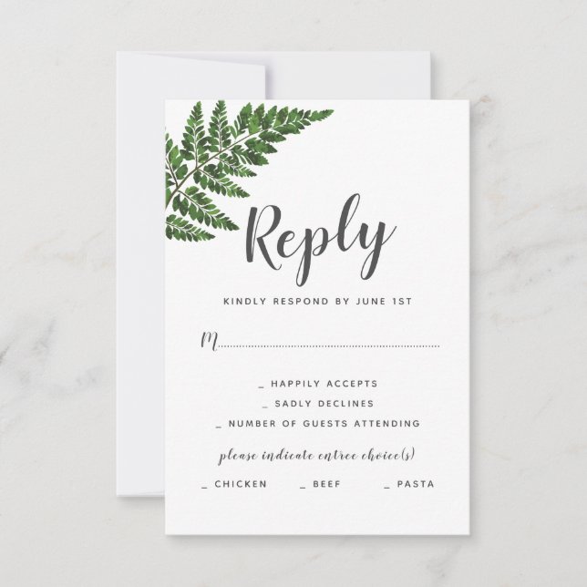 Lush Fern Wedding Suite Reply with Dinner Options RSVP Card (Front)