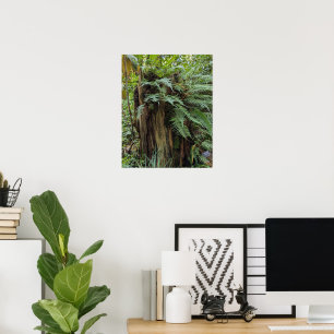Lush Ferns Growing on Tree Stump Botanical Poster