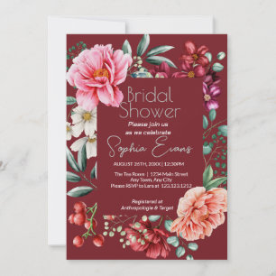 Lush Floral Bordered Modern Burgundy Bridal Shower Invitation