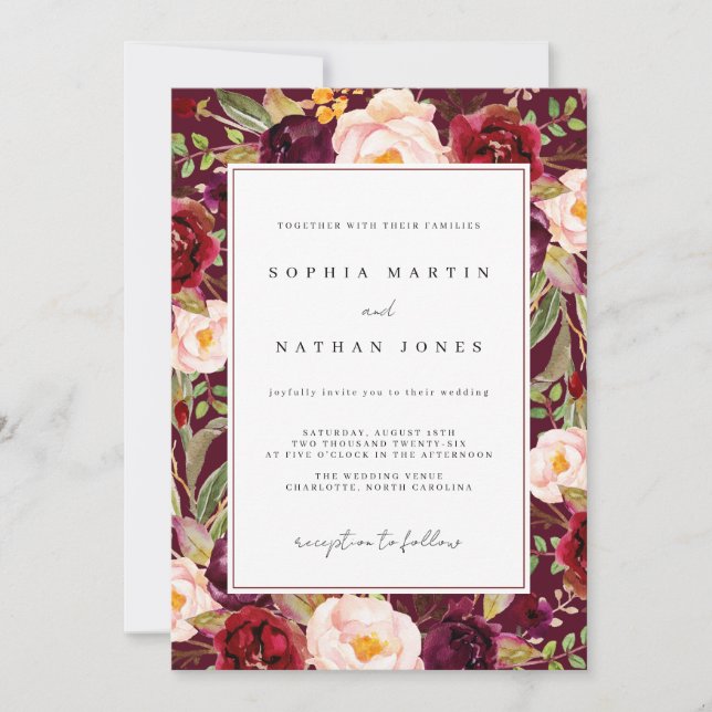 Lush Floral Burgundy Watercolor Wedding Invitation (Front)