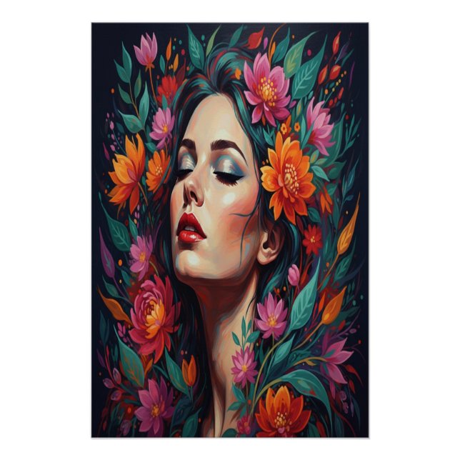 ​"Lush Floral Dream Woman | Vibrant Portrait Art" Poster (Front)