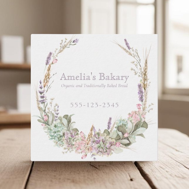 Lush Floral wheat, pink and lavender wreath bakery Square Business Card (Creator Uploaded)