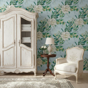 Lush Florals And Elegant Blue Marble Pattern Wallpaper