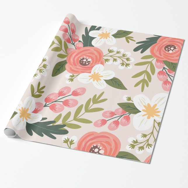 Lush Florals Blush Pink Pattern Wrapping Paper (Unrolled)