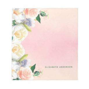 Lush florals white coral peach summer name notepad