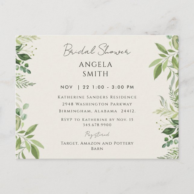 Lush Foliage Cream Bridal Shower  Postcard (Front)
