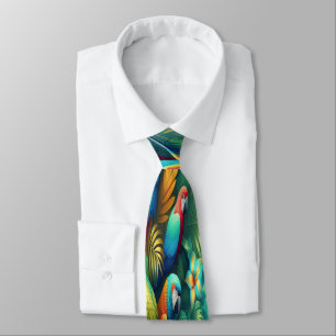 Lush Foliage Filled With Tiny Parrots Tie