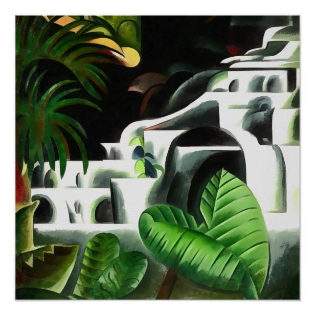 Lush Forest Waterfall In Geometric Art Style v1 Poster (Front)