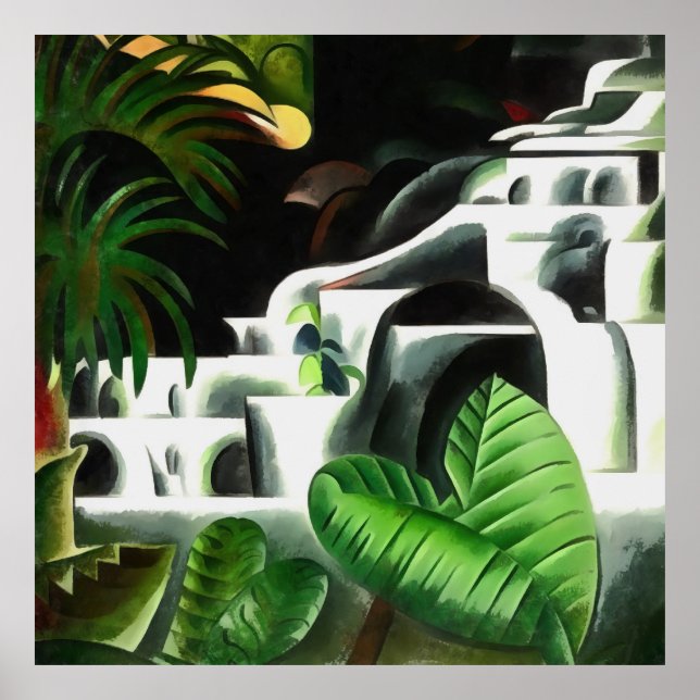 Lush Forest Waterfall In Geometric Art Style v1 Poster (Front)