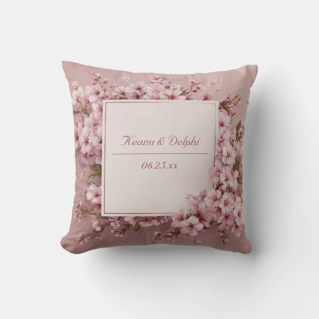 Lush Full Frame Pink Cherry Blossom Gold Border Cushion (Front)