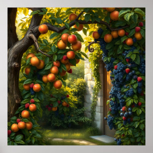Lush Garden Scene With Ripe Apples And Grapes Poster