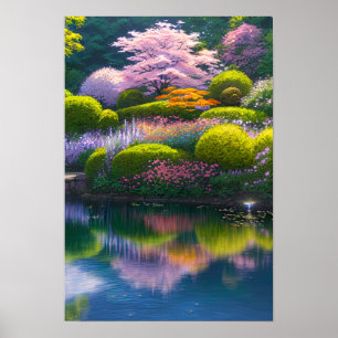 Lush Garden with a Stunning Sakura Tree Poster