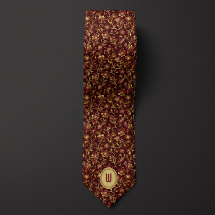Lush Gold Flowers on Burgundy Monogram  Tie