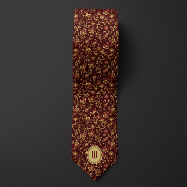 Lush Gold Flowers on Burgundy Monogram  Tie (Creator Uploaded)