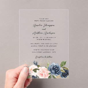 Lush Gold Navy Pink Floral Wedding Acrylic Invitations