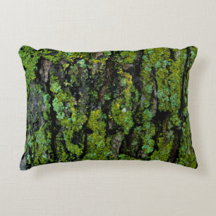 Lush, green, and mossy tree trunk decorative cushion
