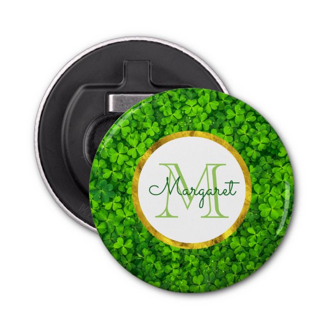Lush Green Clovers with FAUX Gold Foil & Monogram Bottle Opener (Front)