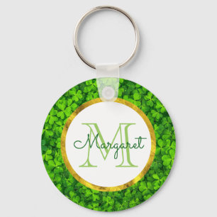 Lush Green Clovers with FAUX Gold Foil & Monogram Key Ring
