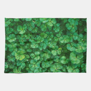 Lush Green Clovers with Water Drops Tea Towel