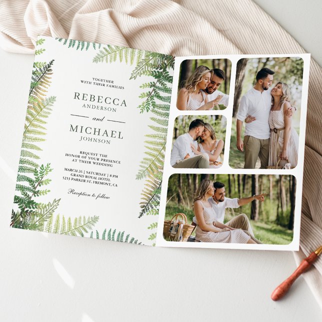Lush Green Ferns Photo Collage QR Code Wedding Invitation (Creator Uploaded)