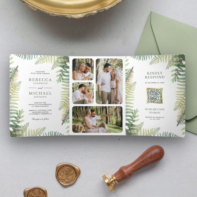 Lush Green Ferns Photo Collage QR Code Wedding Tri-Fold Invitation (Creator Uploaded)