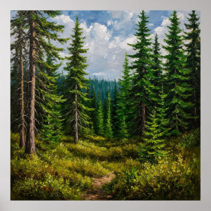 Lush Green Forest with Tall Pine Trees Poster