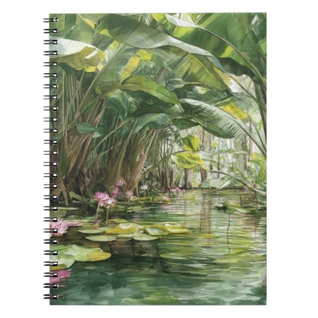 Lush Green Jungle Water Lily Illustration Notebook (Front)