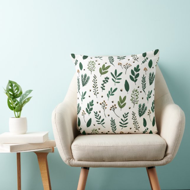 Lush Green Leaves And Flowers on White Cushion (Chair)