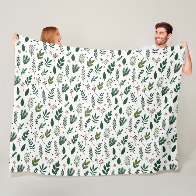 Lush Green Leaves And Flowers on White Fleece Blanket (In Situ)